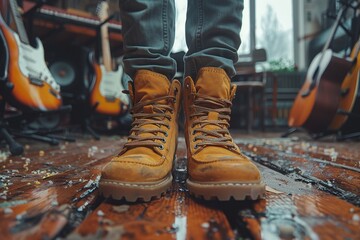 Detailed close up of children s shoes surrounded by guitars, drums, and keyboards