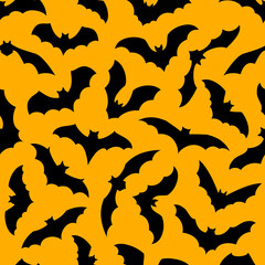 Halloween bats silhouettes seamless pattern on orange background. Black vampire monster animals flying with spread wings vector backdrop, Halloween horror holiday and trick or treat night party decor