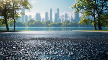 Obraz premium Asphalt road platform and lake with city skyline background : Generative AI
