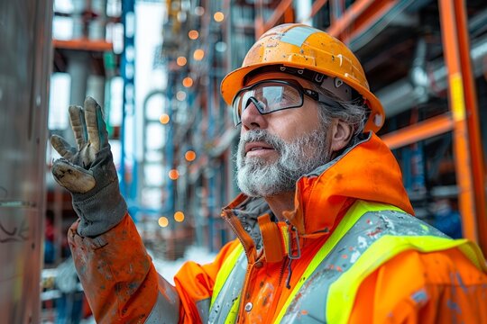 Construction site rigger signaling crane operator with safety glove hand gesture to raise boom