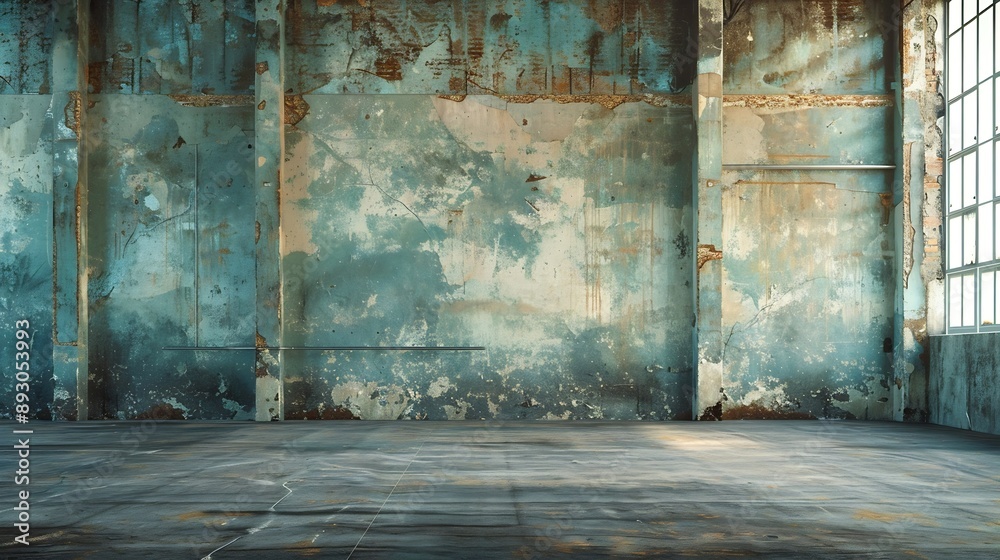 Poster empty warehouse room with grungy stucco concrete wall floor room as background corner of old grunge 