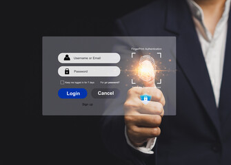 Businessperson using fingerprint authentication for secure login access.