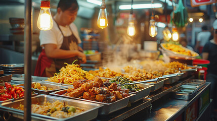 Street Food Market: Close up of A bustling street food market with vendors selling a variety of...