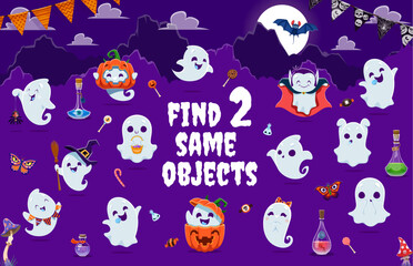 Halloween kids game, find two same kawaii ghost characters. Details search children riddle, objects compare puzzle vector worksheet with cute ghost personages in vampire, witch and pumpkin costumes