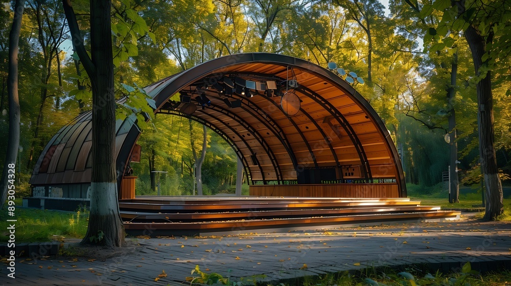 Aufkleber Empty open air stage in a park with a sound projecting roof Akniste Latvia : Generative AI
