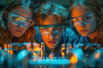 Young Scientists in Action: Teenagers Collaborating on Science Fair Project in School Laboratory