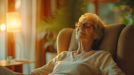 Happy portrait and senior woman relax on a chair in nursing home with security safety and elderly care confidence Smile face and calm old lady person in peaceful retirement house livin : Generative AI