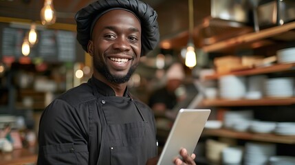 Smiling small business owner dressed in a black chef uniform with an apron using digital tablet in his cozy restaurant hall Successful people hard work consumer cafes restaurants indus : Generative AI