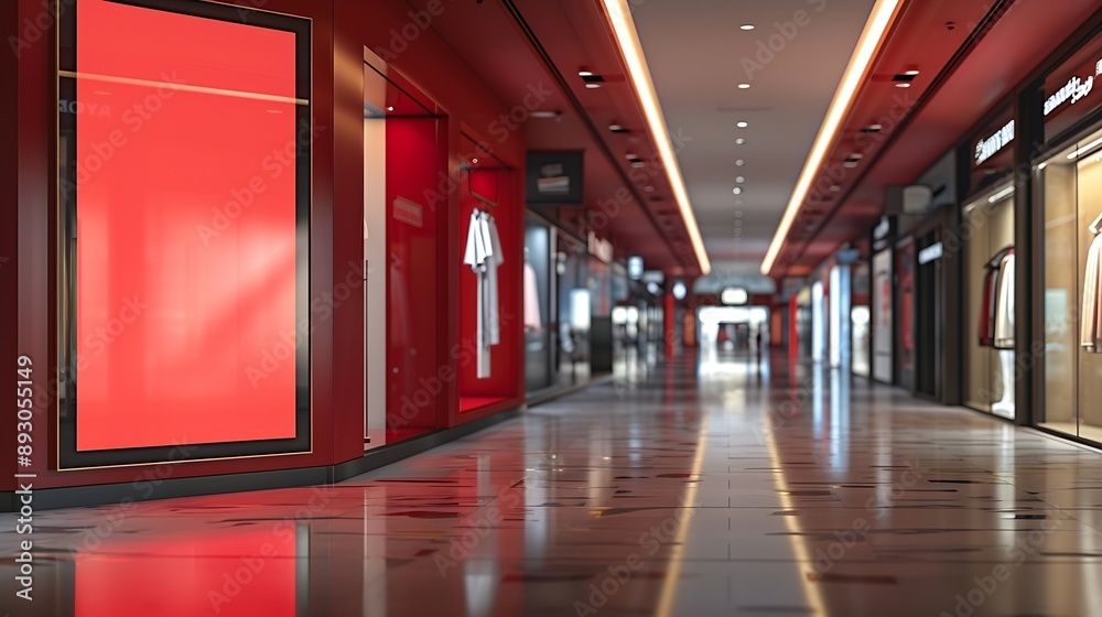 Aufkleber red blank sign inside shopping mall mock up advertise display frame setting over the clothes line in the shopping department store for shopping business fashion and advertisement conce : Generative AI