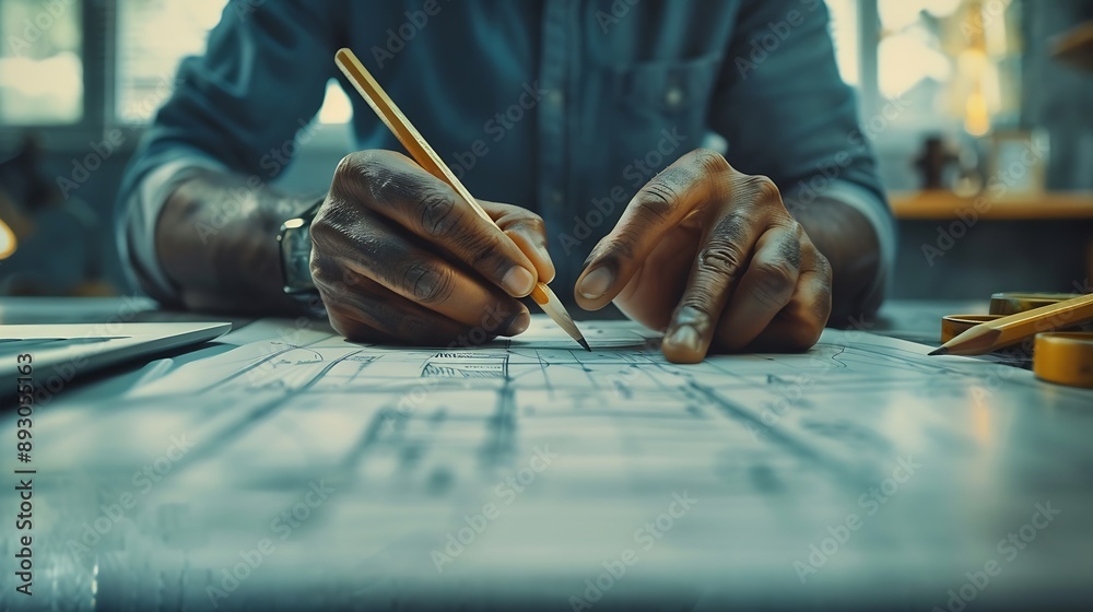 Poster black man office and drawing on blueprint with pencil for planning a building design layout and proj