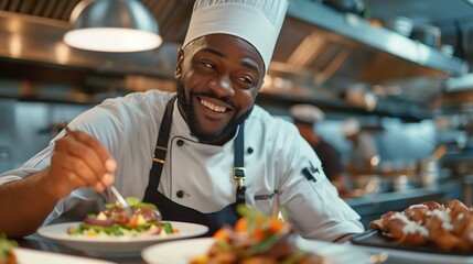 Happy African American male chef decorating meal on plate in restaurant kitchen : Generative AI