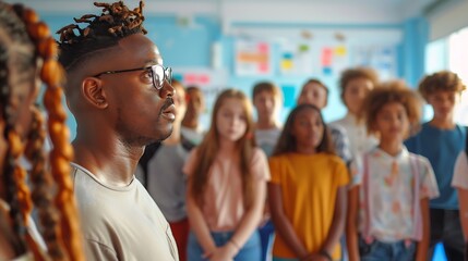 Obraz premium A diverse group of young people stand together on a blue floor as a male teacher instructs them in a bright classroom setting : Generative AI