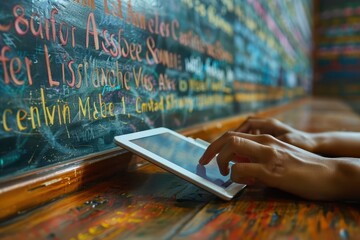 Engaging Digital Education: Teacher Using Tablet for Attendance & Progress Tracking in Classroom