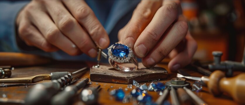 A master jeweler skillfully setting gems into a jewelry piece, with a focus on a sapphire diamond ring amidst a workshop laden with professional tools