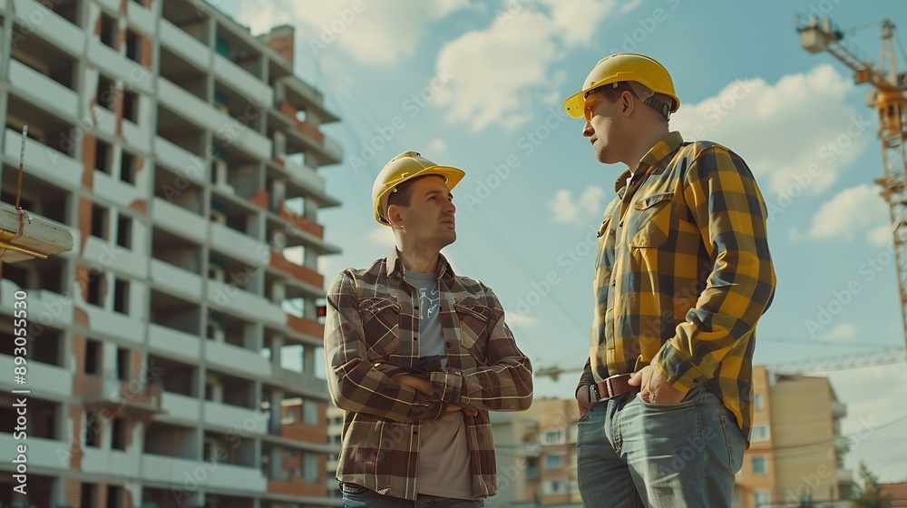 Aufkleber Engineer and foreman worker checking project at precast factory site Engineer and builders in hardhats discussing on construction site : Generative AI