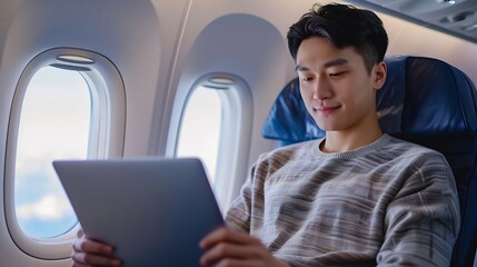 Attractive Asian male passenger of airplane sitting in comfortable seat while working laptop and tablet with mock up area using wireless connection Travel in style work with grace : Generative AI