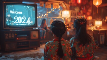 Obraz premium Two Little Girls Sitting in Front of a TV Watching a New Year's Special - Generative AI