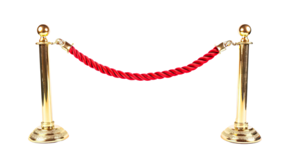 A red velvet rope barrier with golden stilt poles isolated in a transparent background. Cut out or PNG.