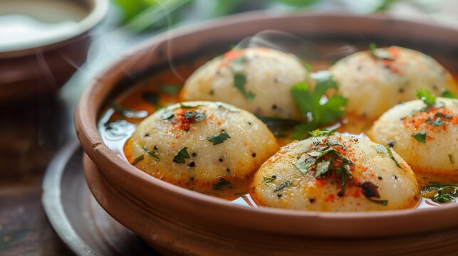 South Indian breakfast Ragi Idly nachni idly finger millet Idli in clay plate Sambar coconut chutney healthy homemade dish Kerala Karnataka Tamil Nadu India Sri Lanka steam cooked food : Generative AI