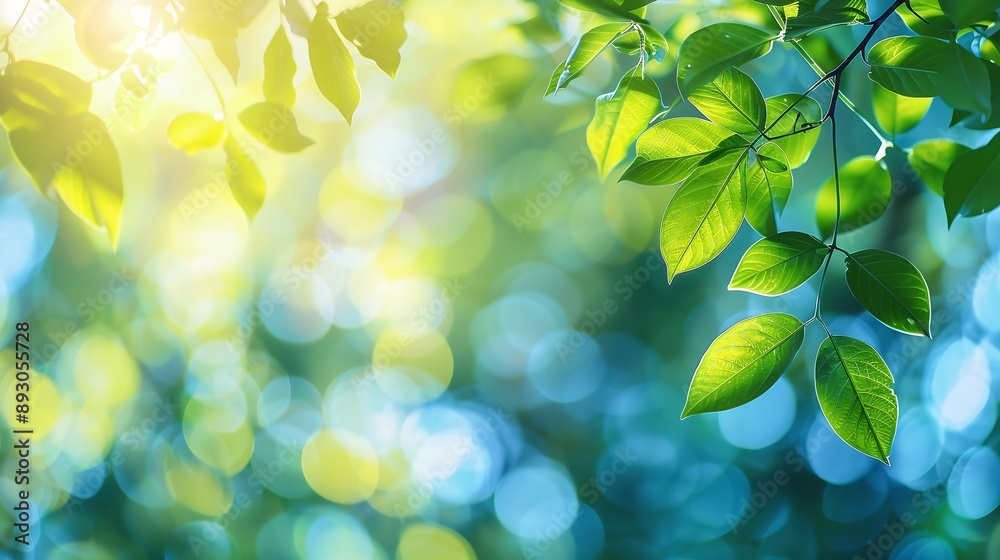 Aufkleber summer background of blue and green blurred foilage and sky with bright bokeh blurry abstract summer