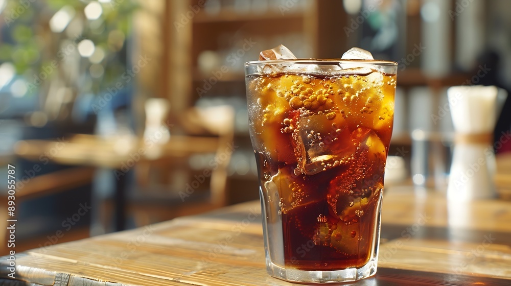 Poster iced coffee with ice cubes in a glass on the table : generative ai