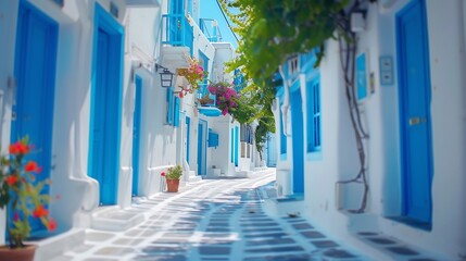 Picturesque narrow blue and white cobble street and traditional Greek houses in Mykonos Island Greece : Generative AI