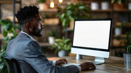 Unrecognizable black businessman using computer with empty blank screen sitting at workplace in office offering space for mockup on monitor Male CEO showing place for online ad : Generative AI