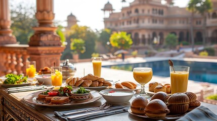 Table with a Continental breakfast on the terrace of the Umaid Bhawan Palace in Jodhpur Rajasthan India Asia : Generative AI