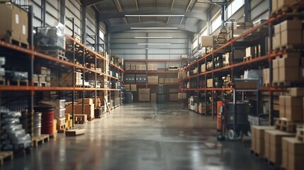 Empty warehouse interior with shelves pallets  boxes and equipment : Generative AI
