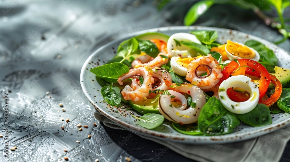 Poster Healthy salad with squid and avocado on white plate with harsh shadows Calamari salad with vegetables and eggs on white background with shadows of leaves Summer food menu : Generative AI