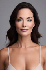 Fototapeta premium Cropped portrait of young woman shows result after breast augmentation.