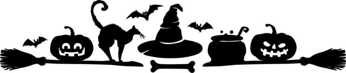 Halloween frame border and divider. Isolated vector spooky decorative holiday element with black silhouettes of pumpkins, cat, grave crosses and flying bats, witch hat, bone, cauldron and broomsticks