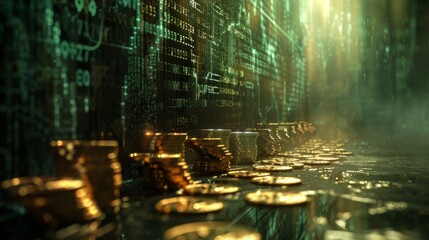 Naklejka premium A Row of Golden Coins Are in Front of a Wall of Computer Screens and Lights - Generative AI