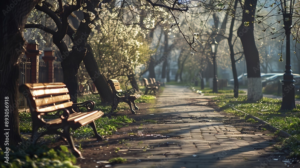 Poster an empty park alley on a spring day : generative ai