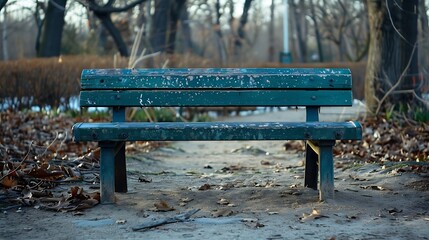 Single empty park bench on concrete slab Early spring No people : Generative AI