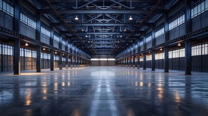 Obraz premium Industrial architecture Modern interior of huge empty storehouse New distribution warehouse with rack stack Metal construction : Generative AI