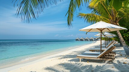 Naklejka premium Luxury hotel with water villas and palm tree leaves over white sand close to blue sea seascape Beach chairs beds with white umbrellas Summer vacation and holiday beach resort on tropic : Generative AI