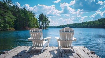 Naklejka premium Side view of two white Adirondack chairs on a cottage wooden dock facing the blue water of a lake in Muskoka Ontario Canada on a beautiful sunny summer day : Generative AI