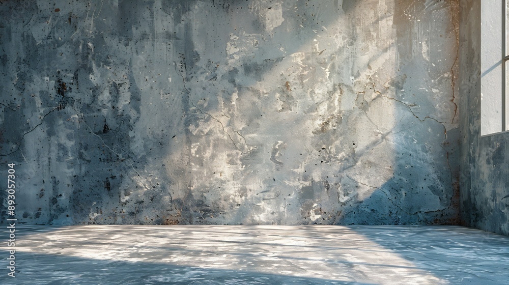Poster empty warehouse room with grungy stucco concrete wall floor room as background corner of old grunge 
