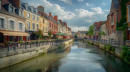 Naklejka premium Amiens old town SaintLeu quarter embankment promenade of Somme river street restaurants and cafe typical houses stone bridge in historical city centre France landmarks HautsdeFrance Re : Generative AI
