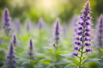 Obraz premium Anise hyssop field bokeh background, AI Generated
