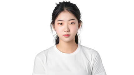 Half body portrait of a studious South Korean exchange student in her teens in a white T-shirt