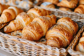 An assortment of French viennoiserie, including croissants, pain au chocolate, and brioche. 