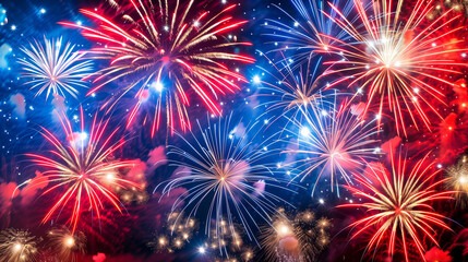 Fototapeta premium American Holiday Fireworks – Vibrant Red, White, and Blue Night Sky Celebrations for Labor Day, Fourth of July, Memorial Day