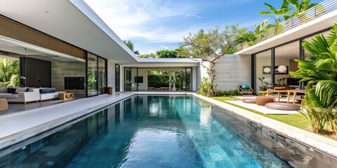 A minimalist modern villa surrounded by a lush garden and featuring a stylish pool, with clean lines and open spaces.