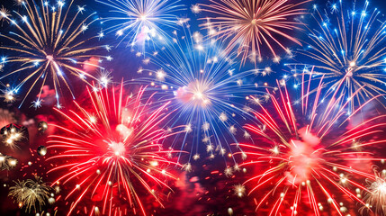 Fototapeta premium American Holiday Fireworks – Vibrant Red, White, and Blue Night Sky Celebrations for Labor Day, Fourth of July, Memorial Day