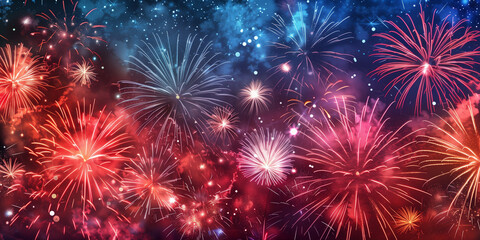 Fototapeta premium American Holiday Fireworks – Vibrant Red, White, and Blue Night Sky Celebrations for Labor Day, Fourth of July, Memorial Day