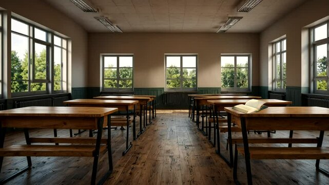 empty classroom with lots of windows