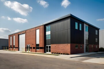 Exterior of a modern warehouse with a small office unit.