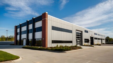 Obraz premium Exterior of a modern warehouse with a small office unit.